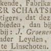 Advertentie 1846 schaatsenmaker J. van Wijk, Linschoten
