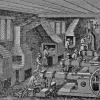 Afbeelding ca.1878 van de fabriek van M. Hunter&Son, Sheffield (Engeland)