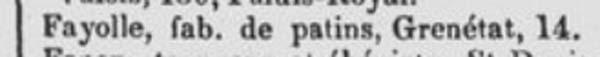 Advertentie 1856 schaatsenmaker Fayolle, Parijs (Frankrijk)