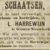 Advertentie 1904 schaatsenmaker L. Harrewyn, Giessenburg
