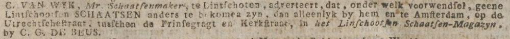Advertentie 1811 schaatsenmaker C. van Wijk, Linschoten