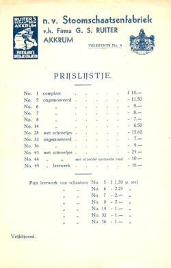 Prijslijst G.S. Ruiter, Akkrum